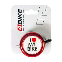 Звонок 4BIKE алюминий+пластик, D-54мм, "I love my bike" красный