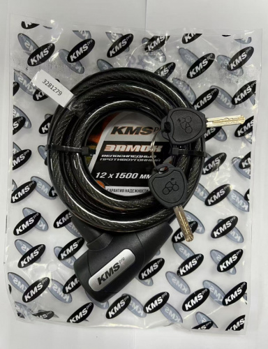 Велозамок "KMS PRO" 12х1500, с ключом, черный, 3281279